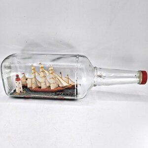 Vintage Handmade Pirate Ship in a Bottle Nautical Folk Art 15" Square Bottle